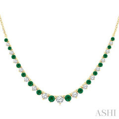 1.7 MM - 3 MM Round Shape Emerald and 3/4 Ctw Round Cut Diamond Precious Riviera Necklace in 14K Yellow Gold