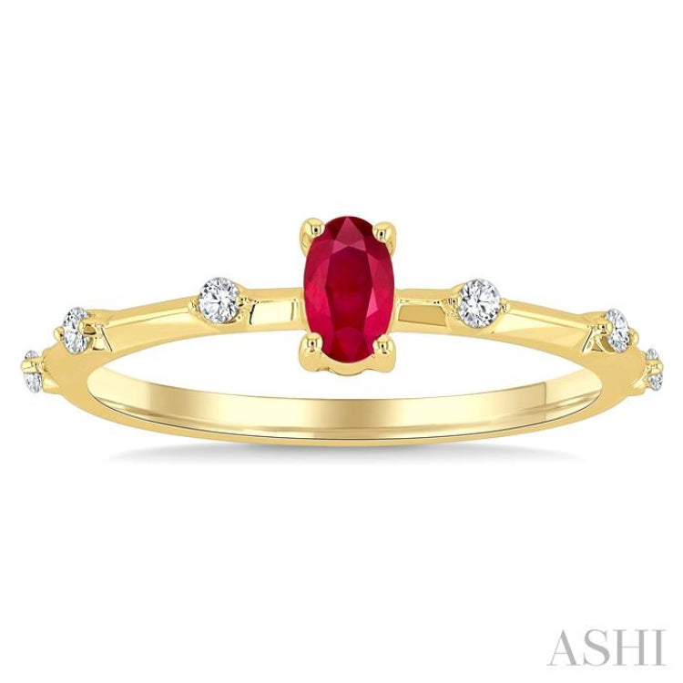 1/10 Ctw 5X3MM Oval Cut Ruby and Floating Round Cut Diamond Precious Ring in 10K Yellow Gold