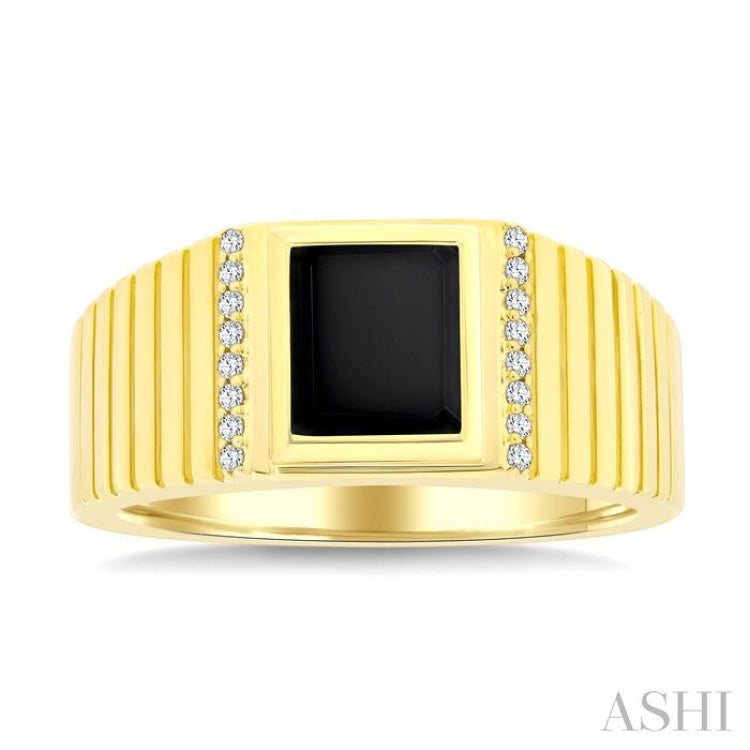 1/10 Ctw 8X7 MM Emerald Cut Onyx and Round Cut Diamond Semi-Precious Men's Grooved Shank Ring in 10K Yellow Gold