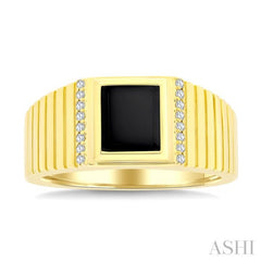1/10 Ctw 8X7 MM Emerald Cut Onyx and Round Cut Diamond Semi-Precious Men's Grooved Shank Ring in 10K Yellow Gold