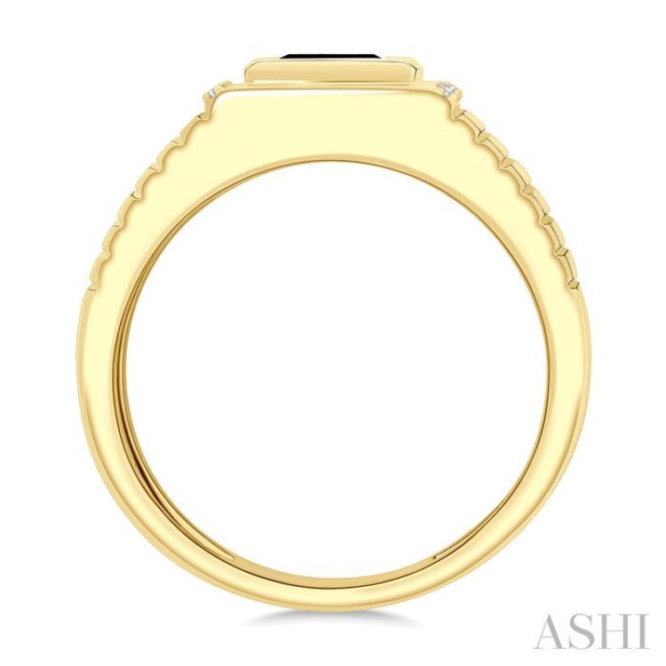 1/10 Ctw 8X7 MM Emerald Cut Onyx and Round Cut Diamond Semi-Precious Men's Grooved Shank Ring in 10K Yellow Gold