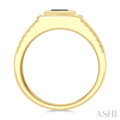 1/10 Ctw 8X7 MM Emerald Cut Onyx and Round Cut Diamond Semi-Precious Men's Grooved Shank Ring in 10K Yellow Gold