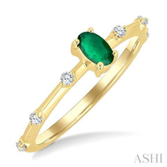 1/10 Ctw Oval Cut 5X3MM Oval Cut Emerald and Floating Round Cut Diamond Precious Ring in 10K Yellow Gold
