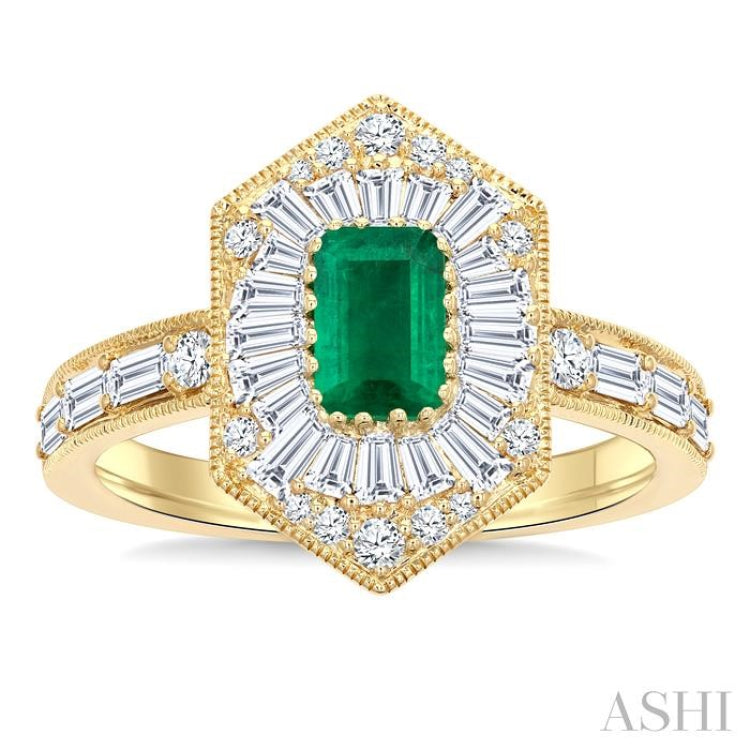 1 Ctw Art Deco Hexagon 6X4MM Octagon Shape Emerald, Baguette and Round Cut Diamond Precious Fashion Ring in 14K Yellow Gold