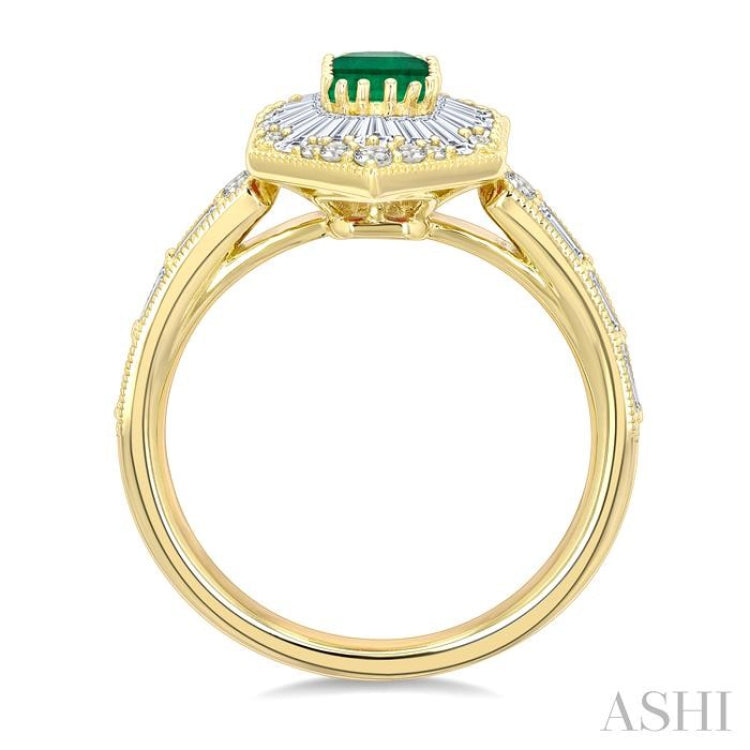 1 Ctw Art Deco Hexagon 6X4MM Octagon Shape Emerald, Baguette and Round Cut Diamond Precious Fashion Ring in 14K Yellow Gold