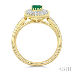 1 Ctw Art Deco Hexagon 6X4MM Octagon Shape Emerald, Baguette and Round Cut Diamond Precious Fashion Ring in 14K Yellow Gold