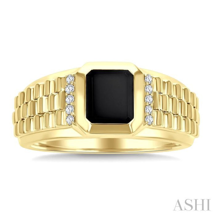 1/10 Ctw 8X7 MM Emerald Cut Onyx and Round Cut Diamond Semi-Precious Men's Ring in 10K Yellow Gold