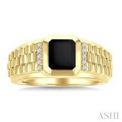 1/10 Ctw 8X7 MM Emerald Cut Onyx and Round Cut Diamond Semi-Precious Men's Ring in 10K Yellow Gold