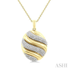1/10 Ctw Oval Shape Bold Puffed Ribbed Swirl Round Cut Diamond Fashion Pendant With Chain in Yellow Gold Vermeil