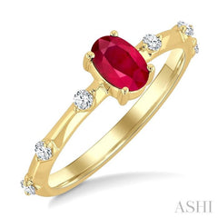 1/6 Ctw 6X4MM Oval Cut Ruby and Floating Round Cut Diamond Precious Ring in 14K Yellow Gold