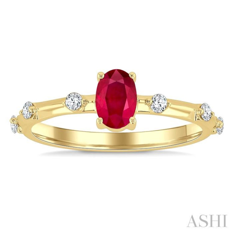 1/6 Ctw 6X4MM Oval Cut Ruby and Floating Round Cut Diamond Precious Ring in 14K Yellow Gold