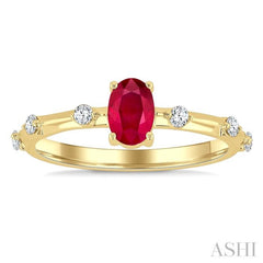 1/6 Ctw 6X4MM Oval Cut Ruby and Floating Round Cut Diamond Precious Ring in 14K Yellow Gold