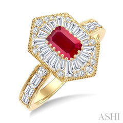 1 Ctw Art Deco Hexagon 6X4MM Octagon Shape Ruby, Baguette and Round Cut Diamond Precious Fashion Ring in 14K Yellow Gold
