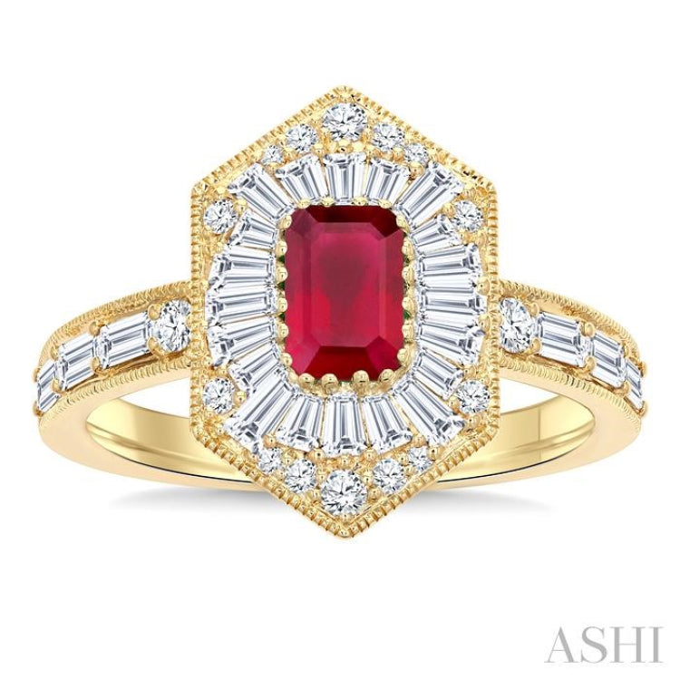 1 Ctw Art Deco Hexagon 6X4MM Octagon Shape Ruby, Baguette and Round Cut Diamond Precious Fashion Ring in 14K Yellow Gold