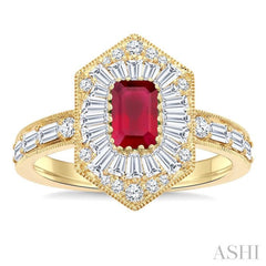 1 Ctw Art Deco Hexagon 6X4MM Octagon Shape Ruby, Baguette and Round Cut Diamond Precious Fashion Ring in 14K Yellow Gold