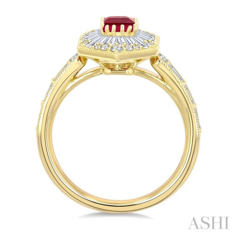 1 Ctw Art Deco Hexagon 6X4MM Octagon Shape Ruby, Baguette and Round Cut Diamond Precious Fashion Ring in 14K Yellow Gold