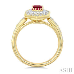 1 Ctw Art Deco Hexagon 6X4MM Octagon Shape Ruby, Baguette and Round Cut Diamond Precious Fashion Ring in 14K Yellow Gold