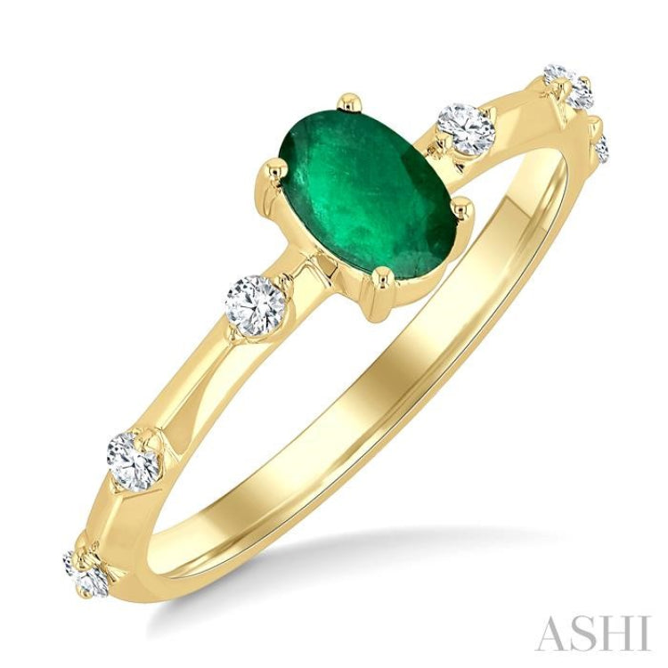 1/6 Ctw Oval Cut 6X4MM Oval Cut Emerald and Floating Round Cut Diamond Precious Ring in 14K Yellow Gold