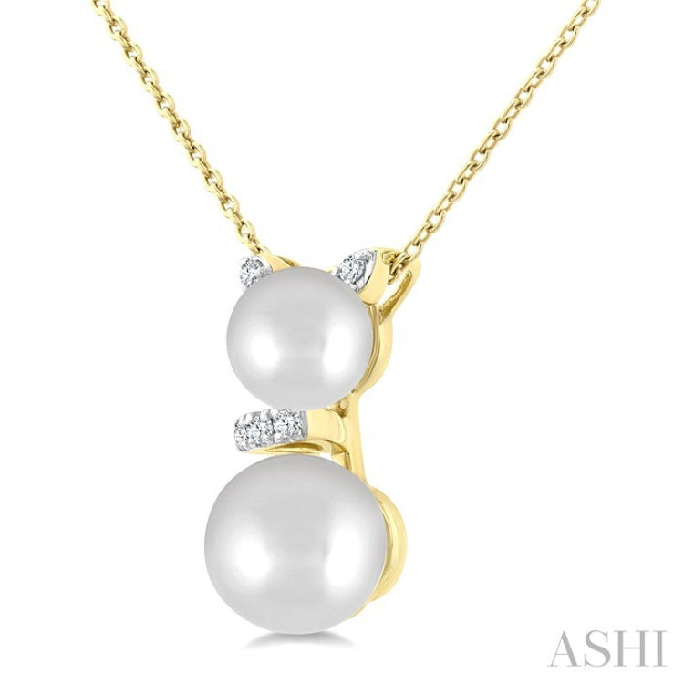 6&7 MM Cultured Pearl and 1/20 Ctw Round Cut Diamond Cat Shape Petite Fashion Pendant With Chain in 10K Yellow Gold