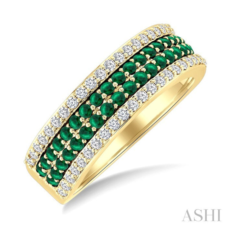 3/8 Ctw Twin Row 1.50MM Round Cut Emerald and Round Cut Diamond Border Precious Fashion Band in 14K Yellow Gold