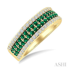 3/8 Ctw Twin Row 1.50MM Round Cut Emerald and Round Cut Diamond Border Precious Fashion Band in 14K Yellow Gold