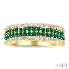 3/8 Ctw Twin Row 1.50MM Round Cut Emerald and Round Cut Diamond Border Precious Fashion Band in 14K Yellow Gold