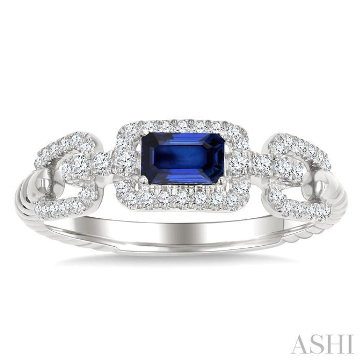 1/4 Ctw 5X3MM Octagon Shape Sapphire and Round Cut Diamond Precious Rectangular Open Link Fashion Ring in 14K White Gold