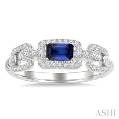 1/4 Ctw 5X3MM Octagon Shape Sapphire and Round Cut Diamond Precious Rectangular Open Link Fashion Ring in 14K White Gold