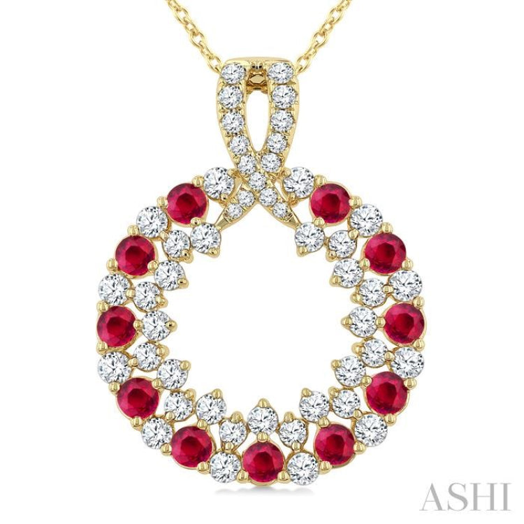 2.3 MM Round Shape Ruby and 3/4 Ctw Round Cut Diamond Precious Circle Pendant With Chain in 14K Yellow Gold