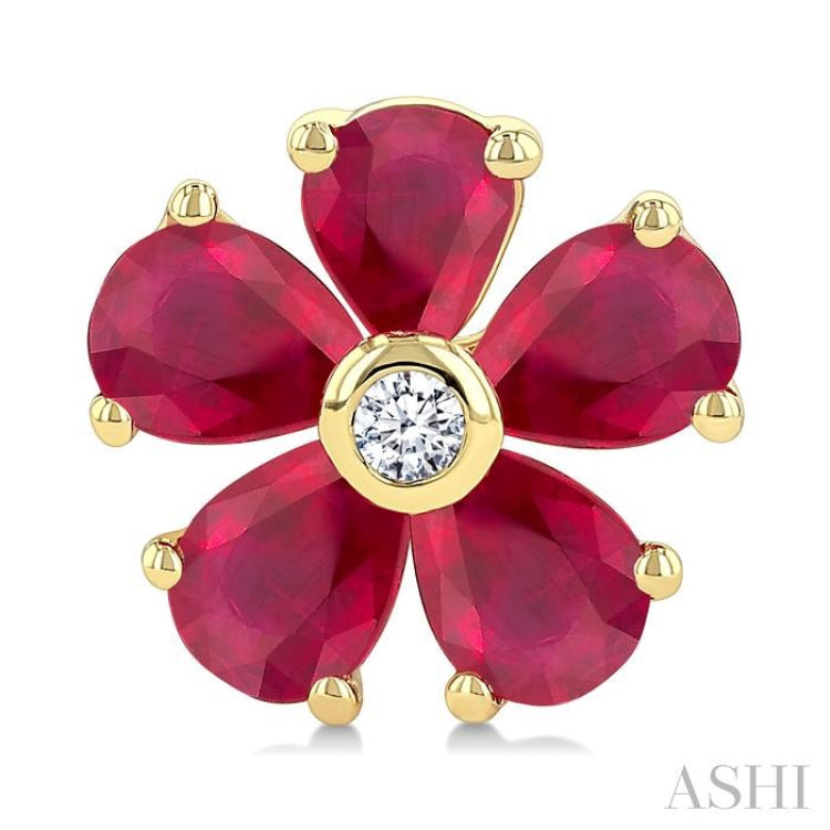 4x3 MM Blossom Pear Shape Ruby and 1/20 Ctw Round Cut Diamond Precious Stud Earrings in 10K Yellow Gold