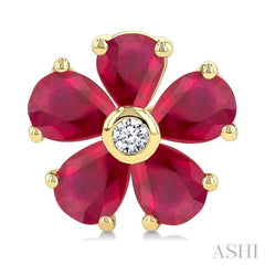 4x3 MM Blossom Pear Shape Ruby and 1/20 Ctw Round Cut Diamond Precious Stud Earrings in 10K Yellow Gold