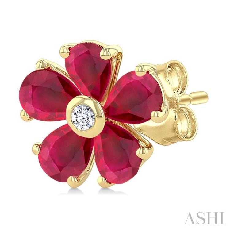 4x3 MM Blossom Pear Shape Ruby and 1/20 Ctw Round Cut Diamond Precious Stud Earrings in 10K Yellow Gold