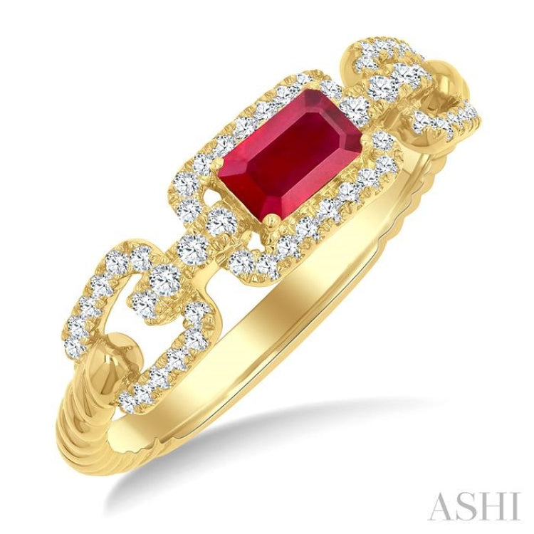1/4 Ctw 5X3MM Octagon Shape Ruby and Round Cut Diamond Precious Rectangular Open Link Fashion Ring in 14K Yellow Gold