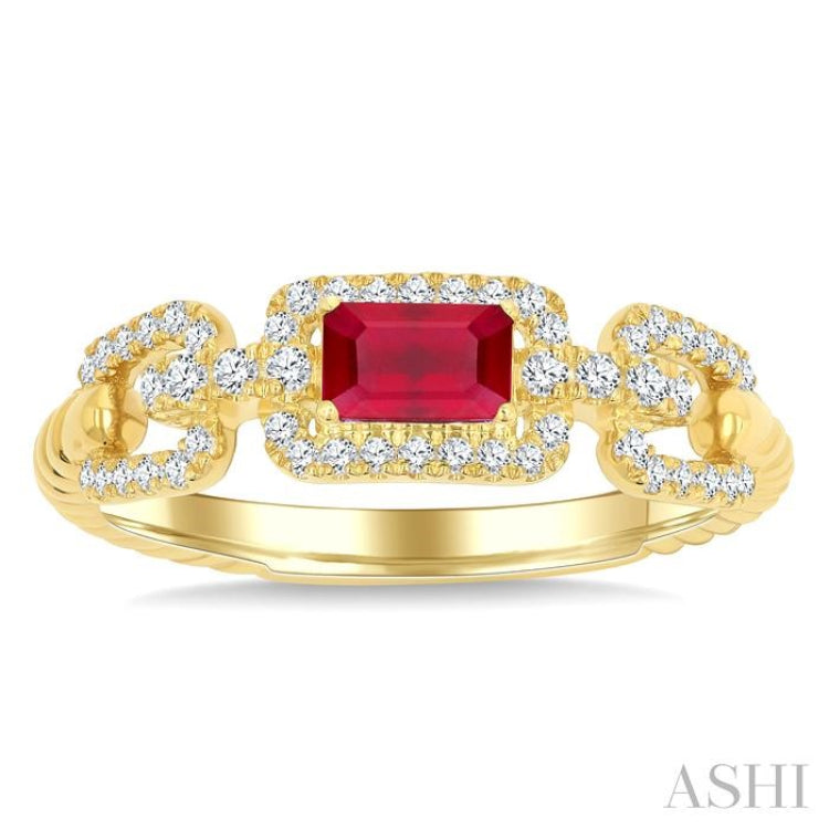 1/4 Ctw 5X3MM Octagon Shape Ruby and Round Cut Diamond Precious Rectangular Open Link Fashion Ring in 14K Yellow Gold