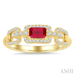 1/4 Ctw 5X3MM Octagon Shape Ruby and Round Cut Diamond Precious Rectangular Open Link Fashion Ring in 14K Yellow Gold