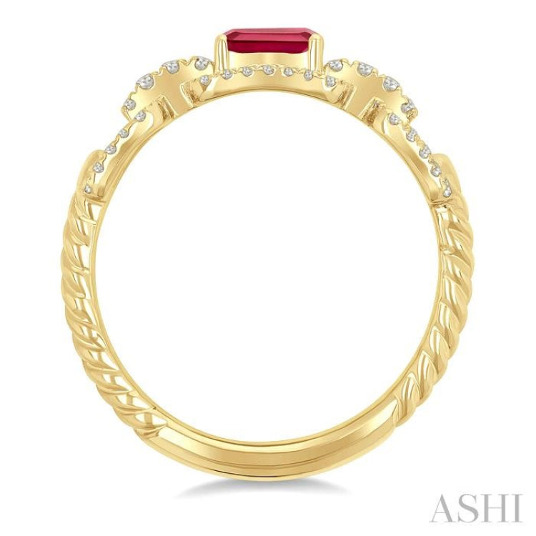 1/4 Ctw 5X3MM Octagon Shape Ruby and Round Cut Diamond Precious Rectangular Open Link Fashion Ring in 14K Yellow Gold
