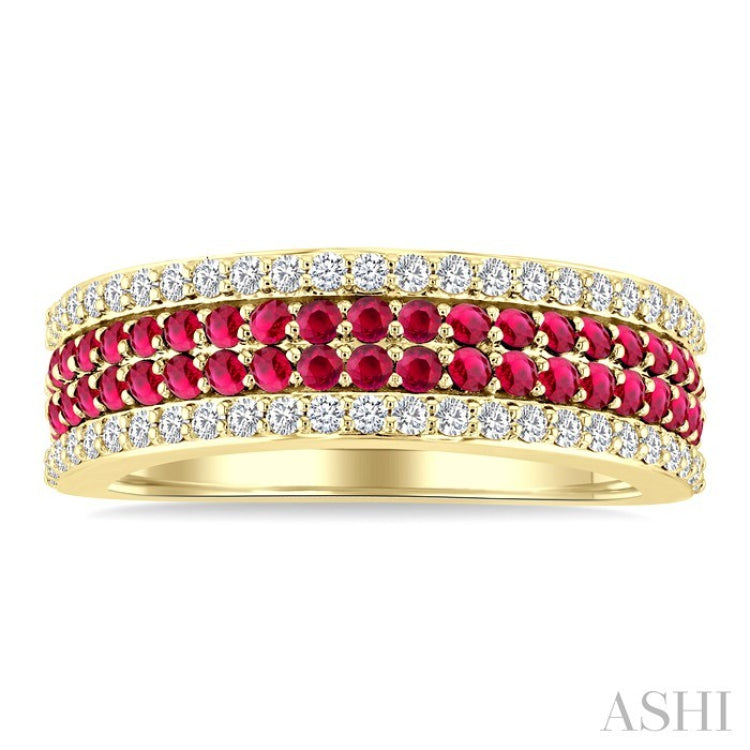 3/8 Ctw Twin Row 1.50MM Round Cut Ruby and Round Cut Diamond Border Precious Fashion Band in 14K Yellow Gold