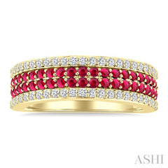 3/8 Ctw Twin Row 1.50MM Round Cut Ruby and Round Cut Diamond Border Precious Fashion Band in 14K Yellow Gold