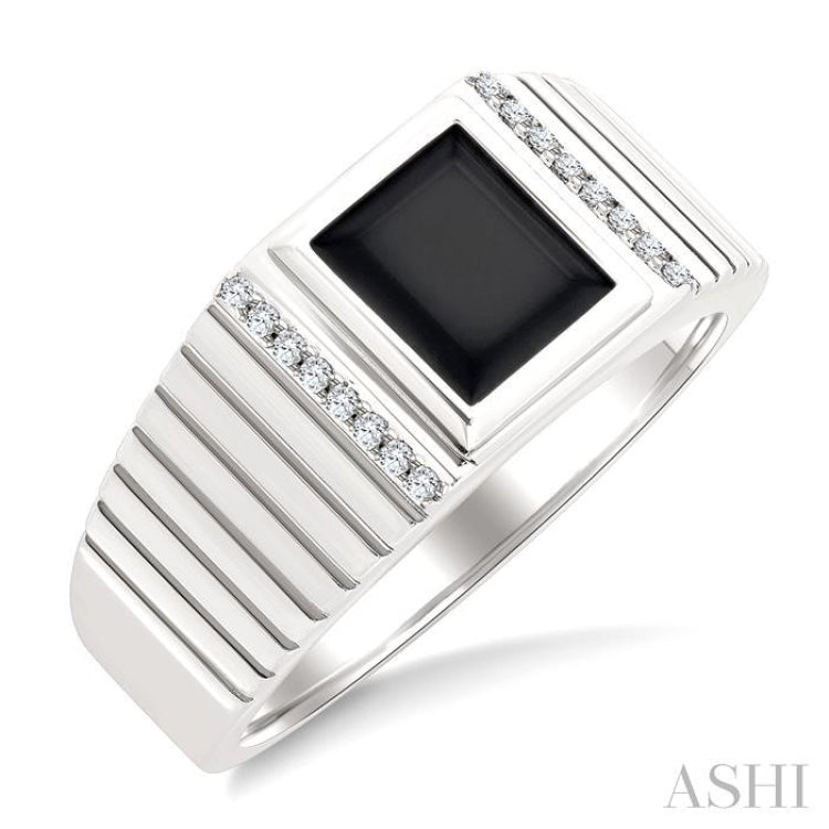 1/10 Ctw 8X7 MM Emerald Cut Onyx and Round Cut Diamond Semi-Precious Men's Grooved Shank Ring in 10K White Gold
