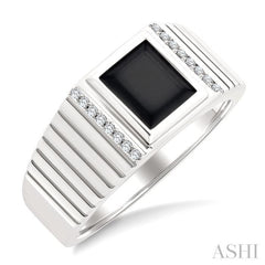 1/10 Ctw 8X7 MM Emerald Cut Onyx and Round Cut Diamond Semi-Precious Men's Grooved Shank Ring in 10K White Gold