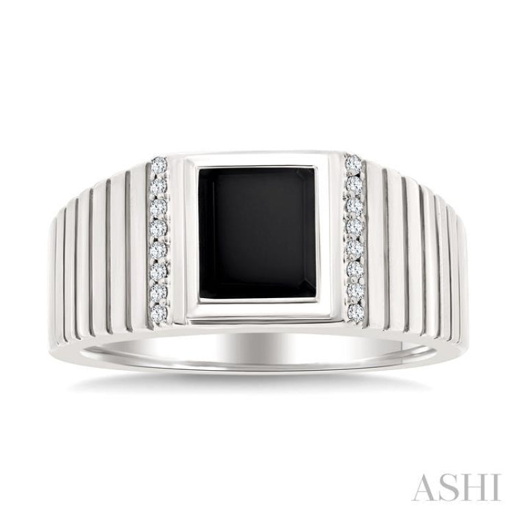 1/10 Ctw 8X7 MM Emerald Cut Onyx and Round Cut Diamond Semi-Precious Men's Grooved Shank Ring in 10K White Gold