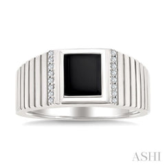 1/10 Ctw 8X7 MM Emerald Cut Onyx and Round Cut Diamond Semi-Precious Men's Grooved Shank Ring in 10K White Gold