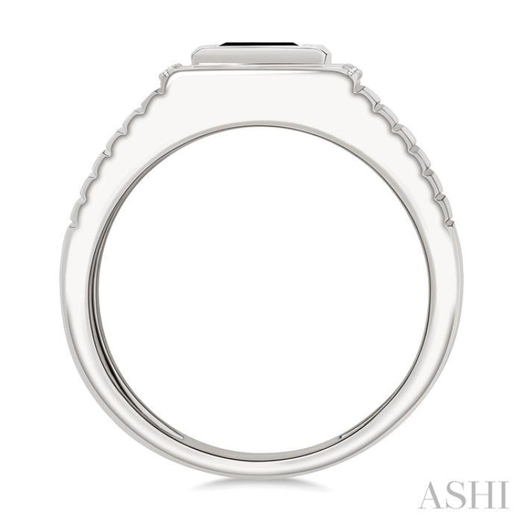 1/10 Ctw 8X7 MM Emerald Cut Onyx and Round Cut Diamond Semi-Precious Men's Grooved Shank Ring in 10K White Gold