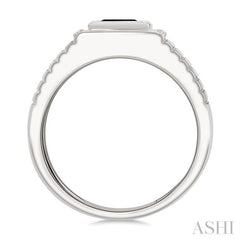 1/10 Ctw 8X7 MM Emerald Cut Onyx and Round Cut Diamond Semi-Precious Men's Grooved Shank Ring in 10K White Gold