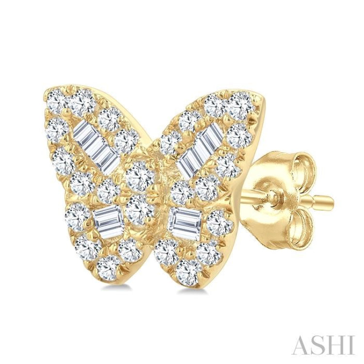 1/4 Ctw Butterfly Baguette and Round Cut Diamond Petite Earrings in 10K Yellow Gold