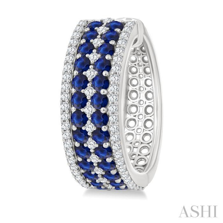 3/4 Ctw 2.00MM Round Cut Sapphire and Round Cut Diamond Precious Hoop Earring in 14K White Gold
