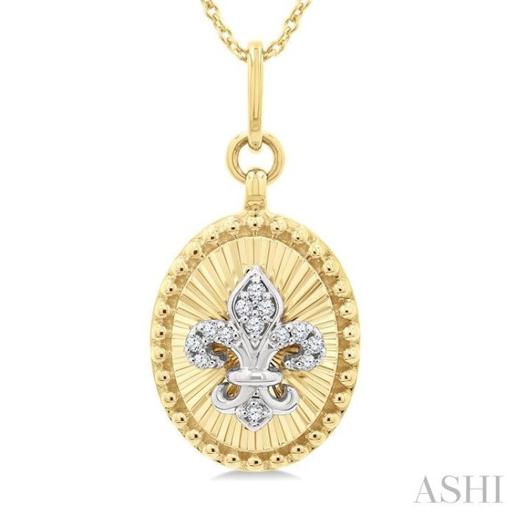 1/20 Ctw Fleur De Lis Motif Fluted Medallion Round Cut Diamond Fashion Pendant With Chain in 10K Yellow and White Gold