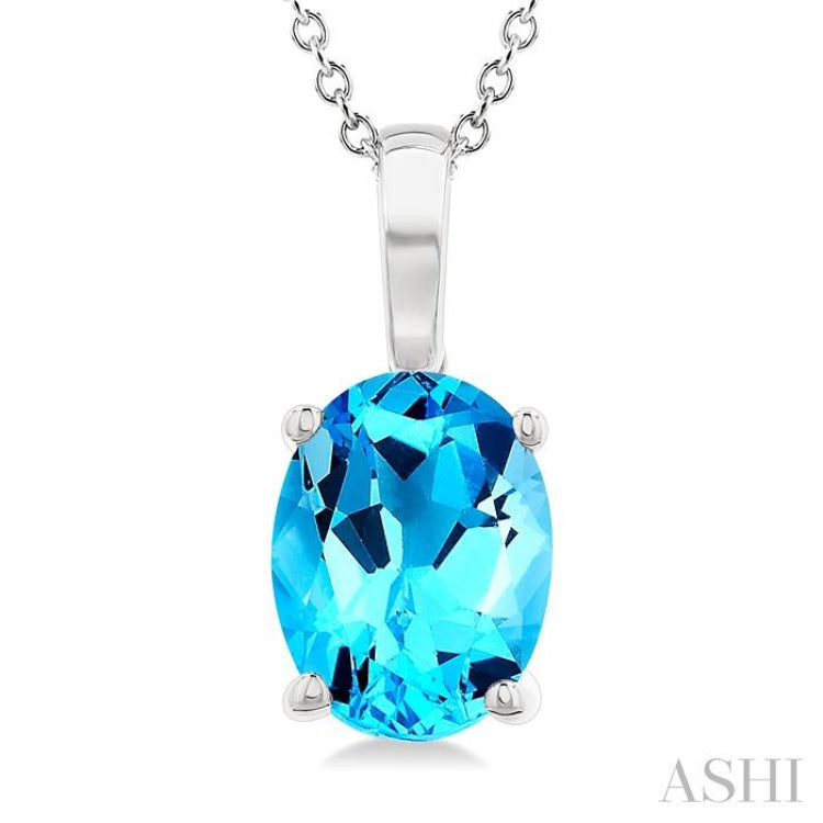 8X6 MM Oval Cut Blue Topaz Semi-Precious Solitaire Pendant With Chain in 14K White Gold