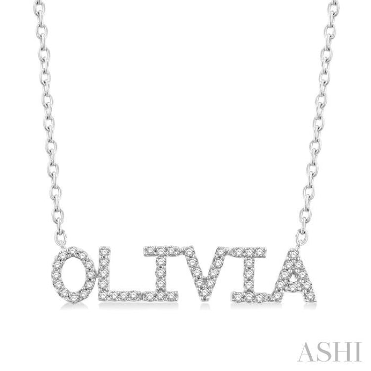 1/5 Ctw 'OLIVIA' Block Name Round Cut Diamond Necklace in 10K White Gold