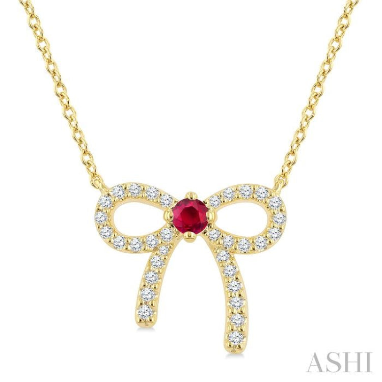 2.40 MM Round Shape Ruby and 1/8 Ctw Bow Round Cut Diamond Fashion Pendant With Chain in 10k Yellow Gold